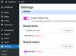 OMGIMG settings brand colors and font options